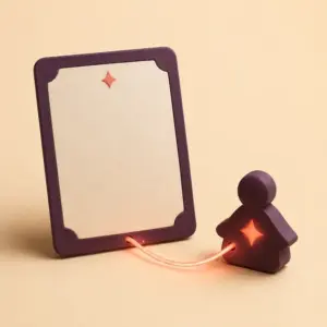 A single blank story card connected by a glowing thread to one small figure