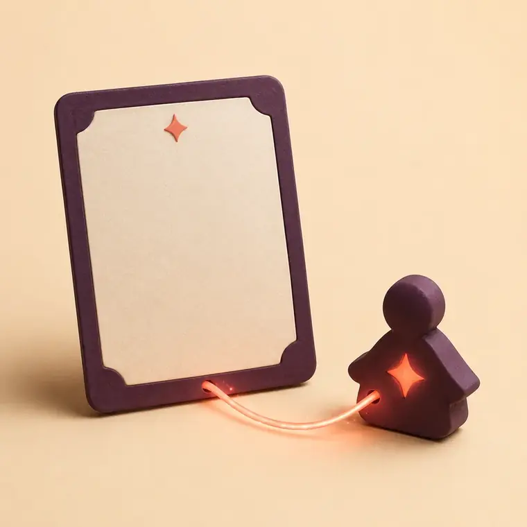 A single blank story card joined by a glowing thread to one small figure