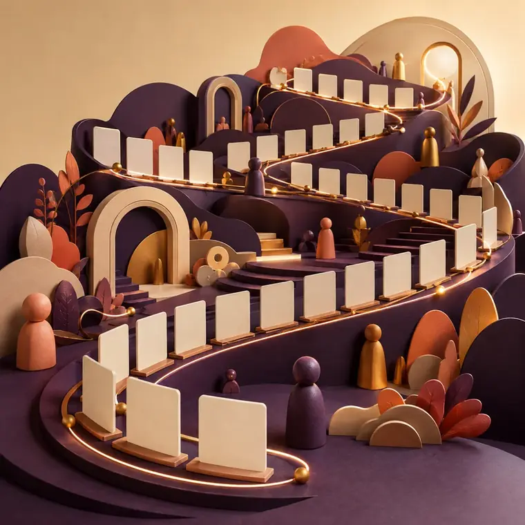 A long winding path of blank story cards threaded with light across a layered landscape