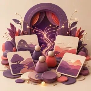 Several scene cards fanned around a lit stage arch with branching threads